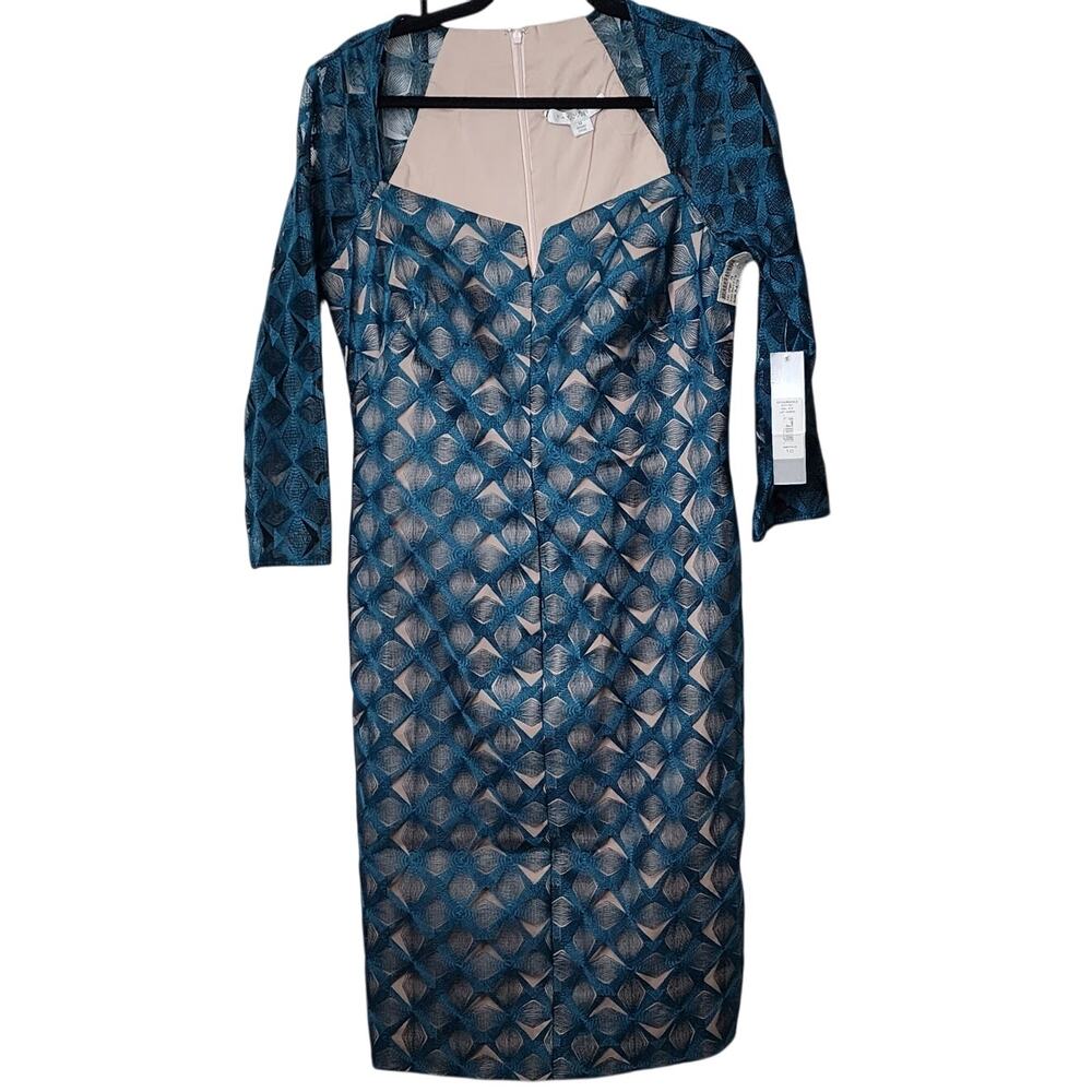 Kay Unger Teal and Nude Patterned Midi Dress